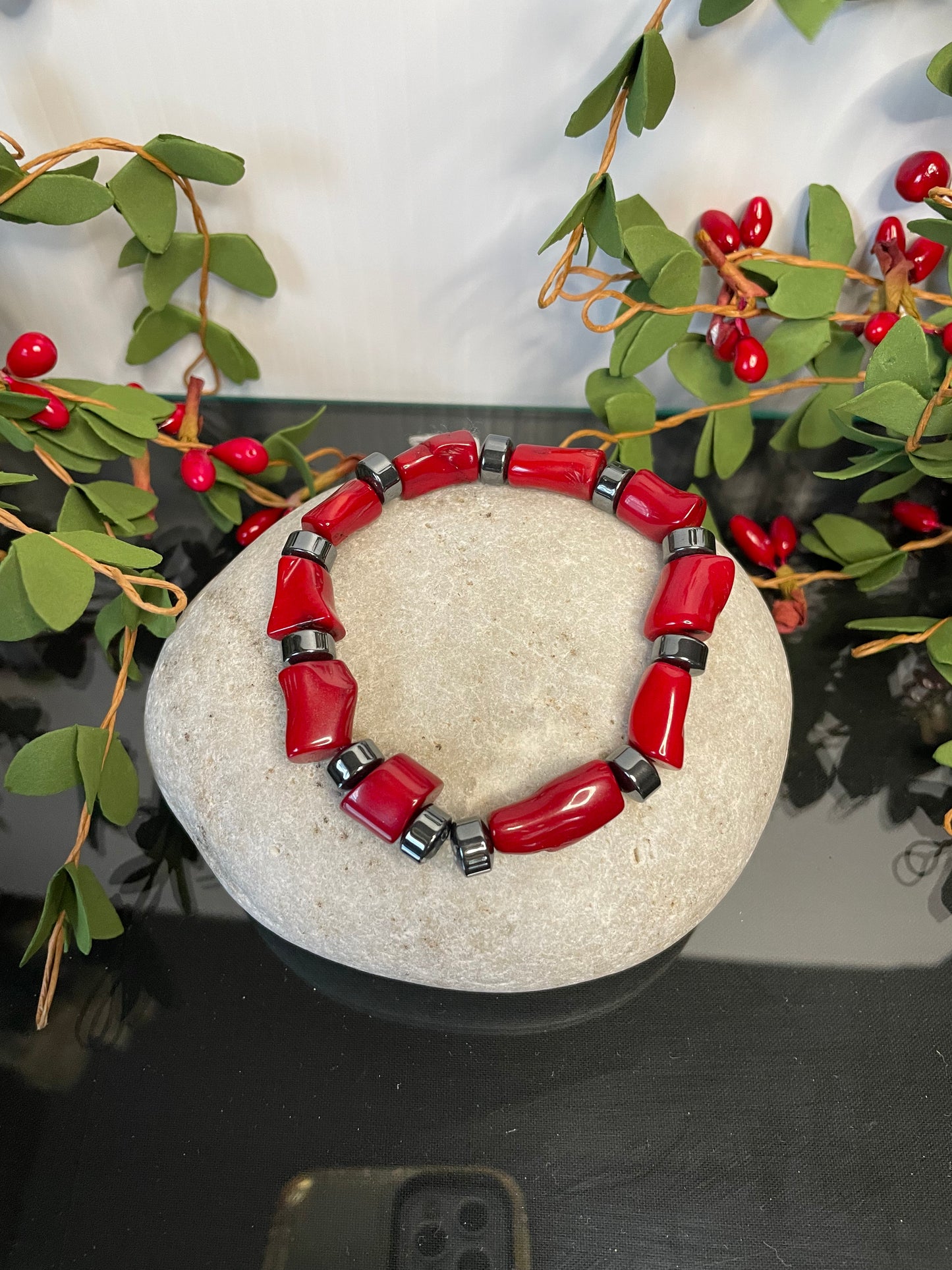 Red Bamboo Coral w/Hematite, Healing Bracelet.