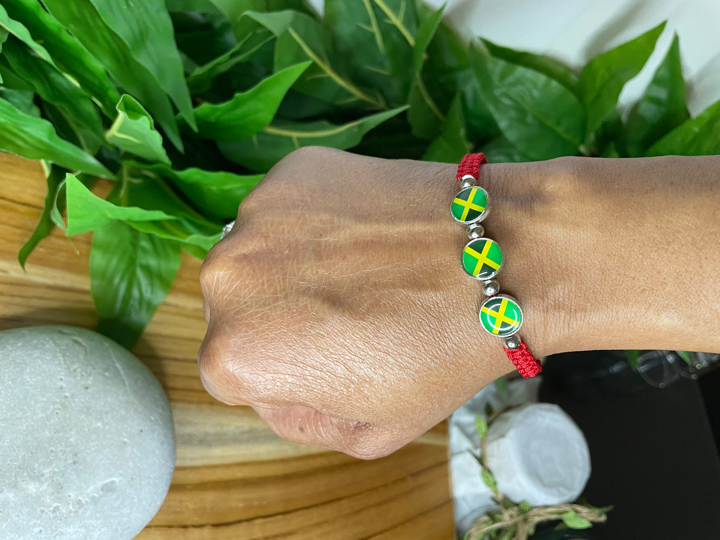 Jamaican Bracelet w/JM Flag, Red Hemp Inspirational Bracelet.