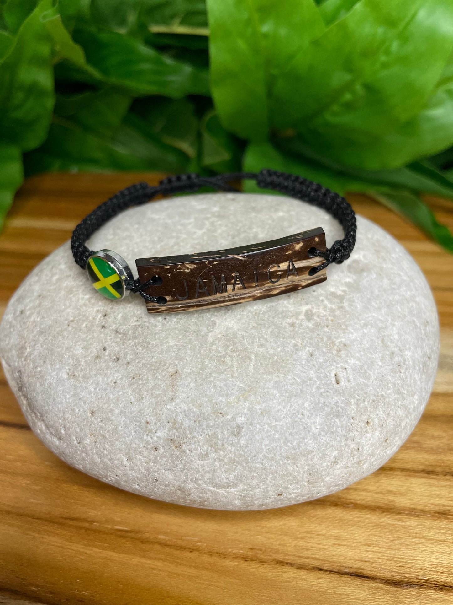 Jamaican Bracelet w/JM Flag, Carved Wooded Plate, Black Hemp Inspirational Bracelet.