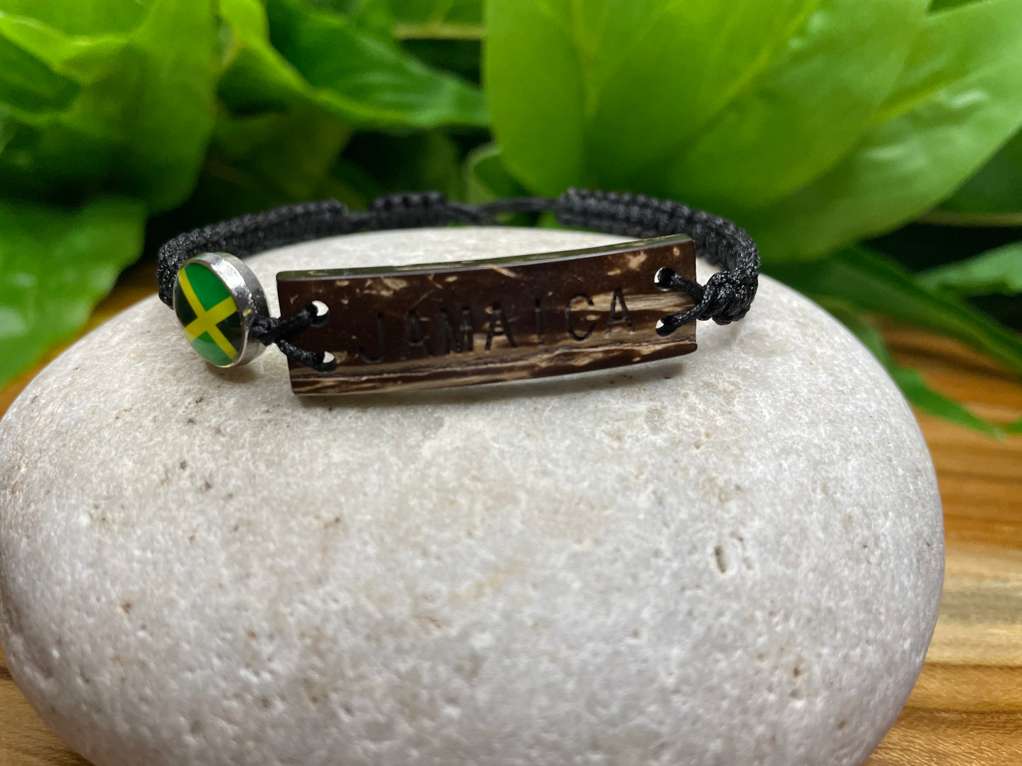 Jamaican Bracelet w/JM Flag, Carved Wooded Plate, Black Hemp Inspirational Bracelet.