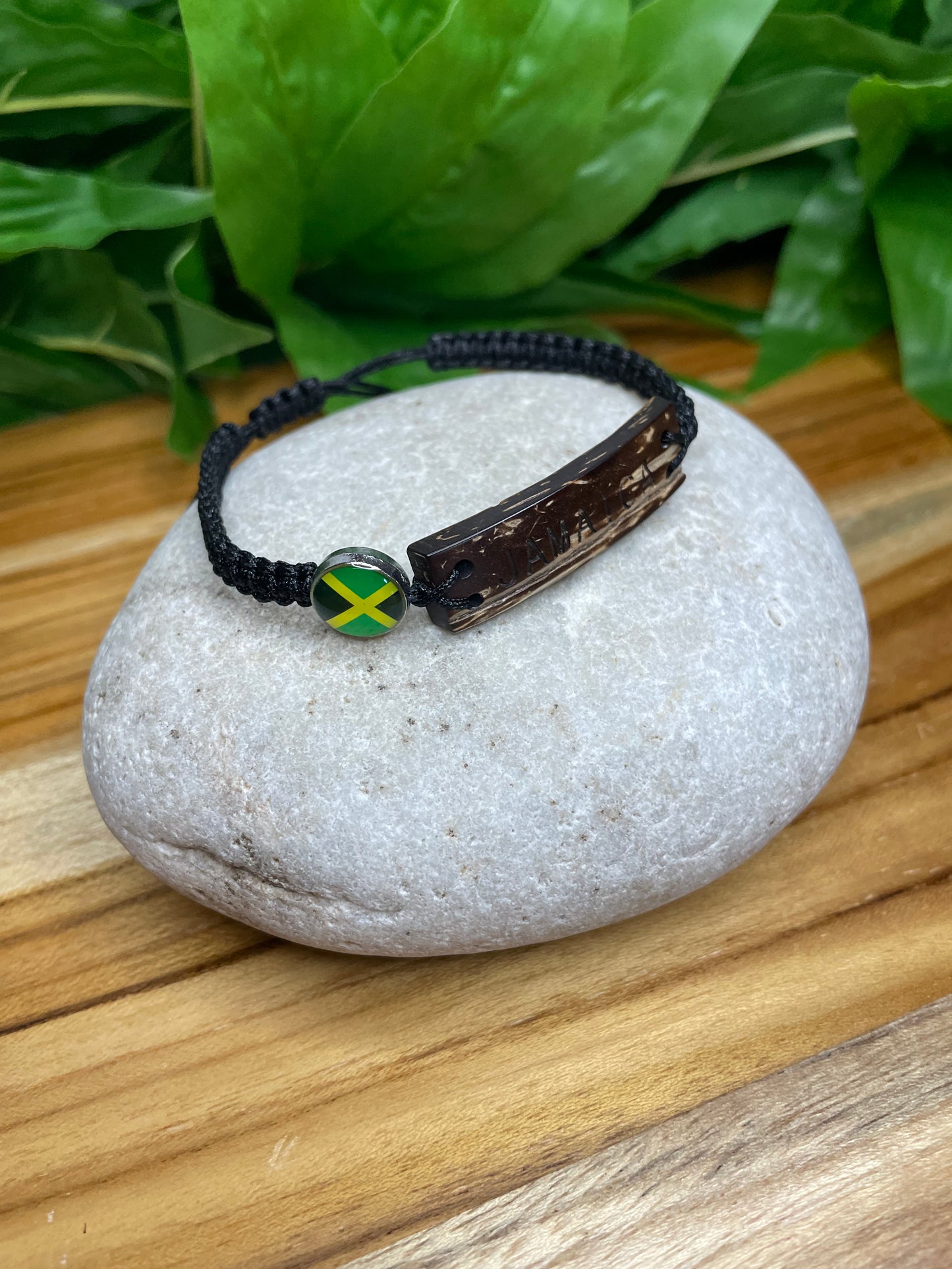 Jamaican Bracelet w/JM Flag, Carved Wooded Plate, Black Hemp Inspirational Bracelet.