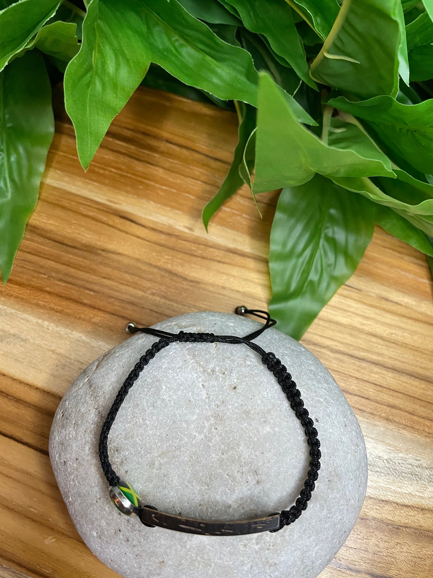 Jamaican Bracelet w/JM Flag, Carved Wooded Plate, Black Hemp Inspirational Bracelet.