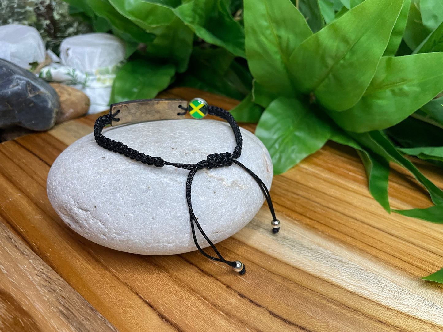Jamaican Bracelet w/JM Flag, Carved Wooded Plate, Black Hemp Inspirational Bracelet.