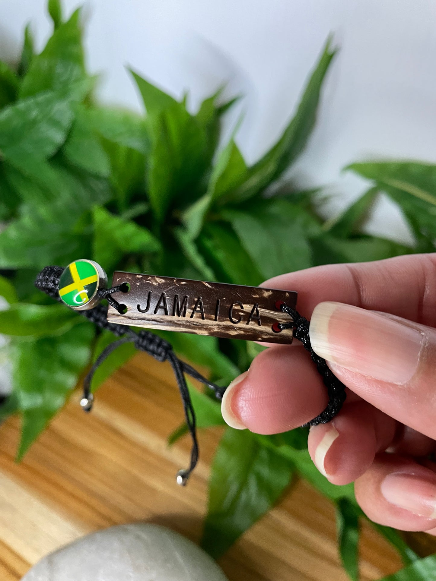 Jamaican Bracelet w/JM Flag, Carved Wooded Plate, Black Hemp Inspirational Bracelet.