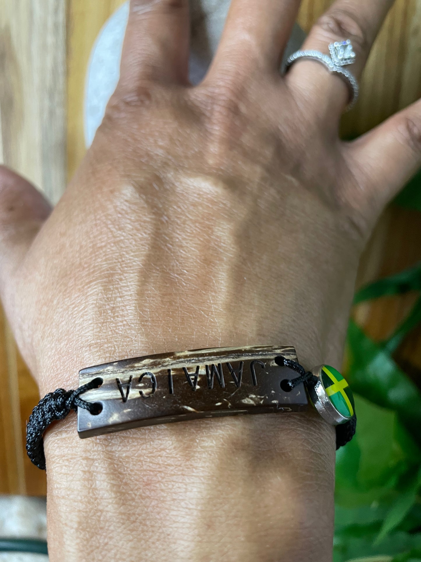 Jamaican Bracelet w/JM Flag, Carved Wooded Plate, Black Hemp Inspirational Bracelet.