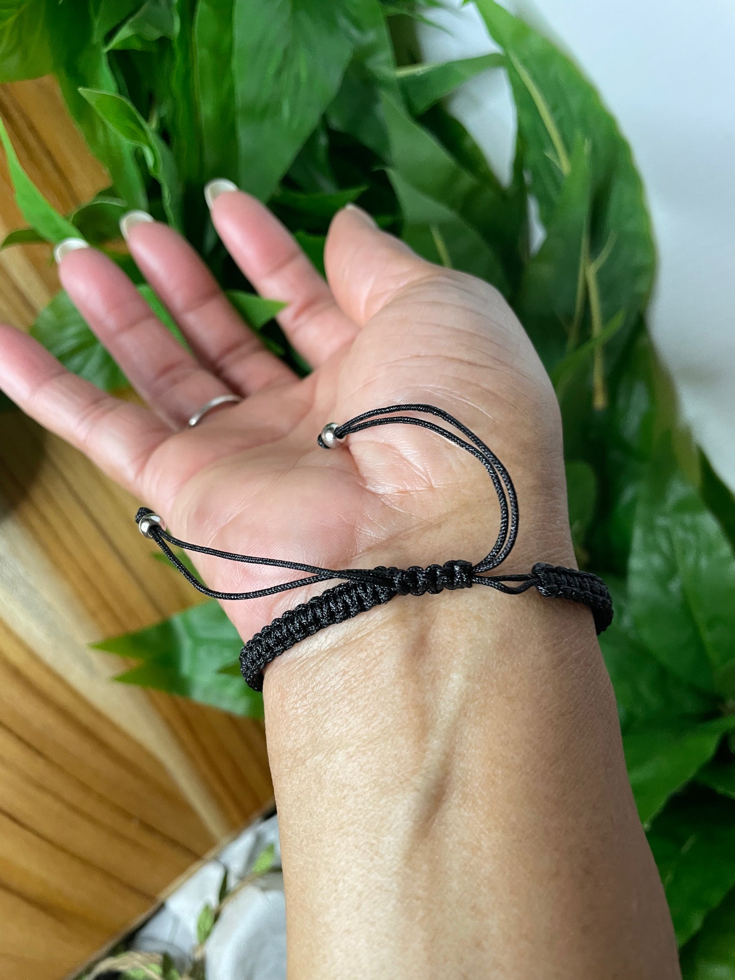 Jamaican Bracelet w/JM Flag, Carved Wooded Plate, Black Hemp Inspirational Bracelet.