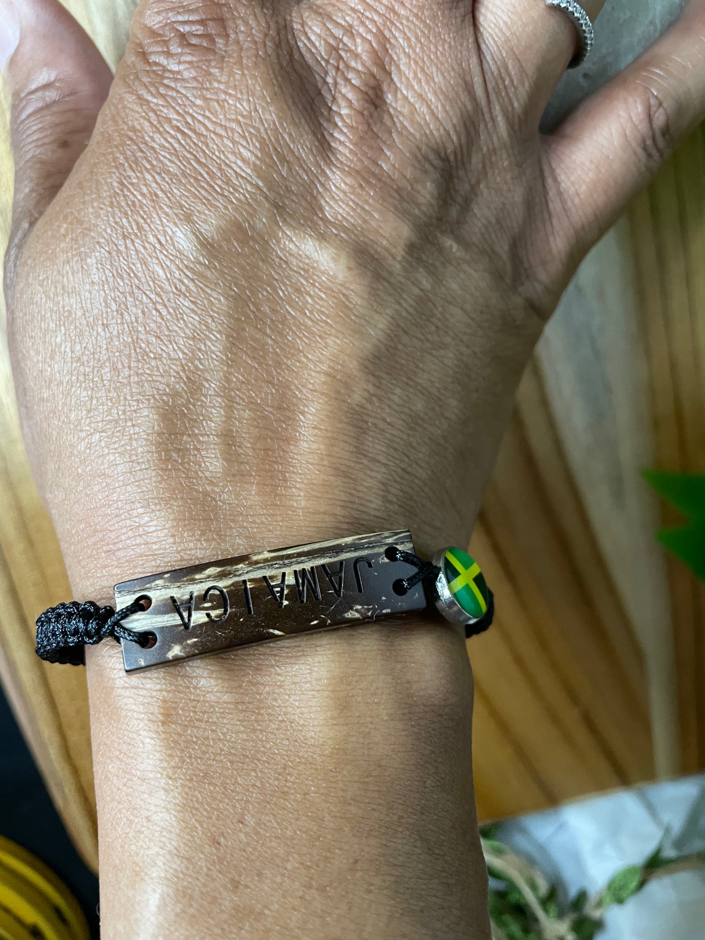 Jamaican Bracelet w/JM Flag, Carved Wooded Plate, Black Hemp Inspirational Bracelet.