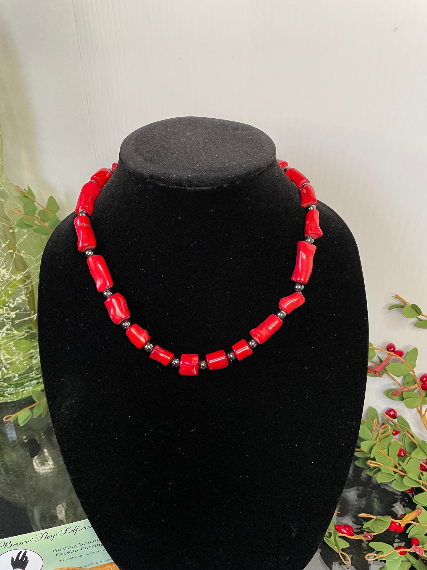 Red Bamboo Coral w/Hematite, Healing Necklace