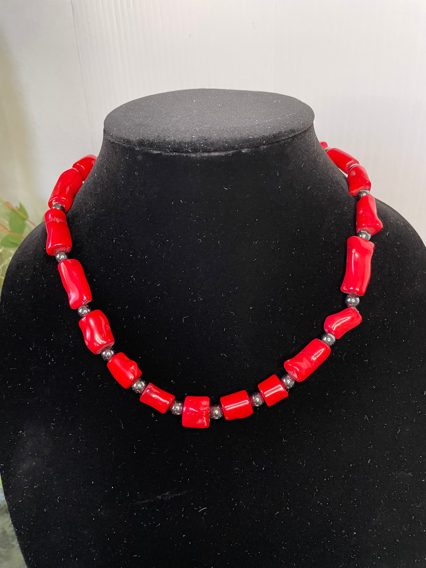 Red Bamboo Coral w/Hematite, Healing Necklace