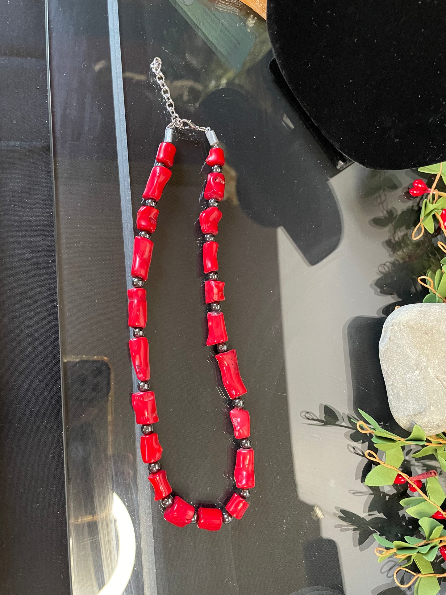 Red Bamboo Coral w/Hematite, Healing Necklace