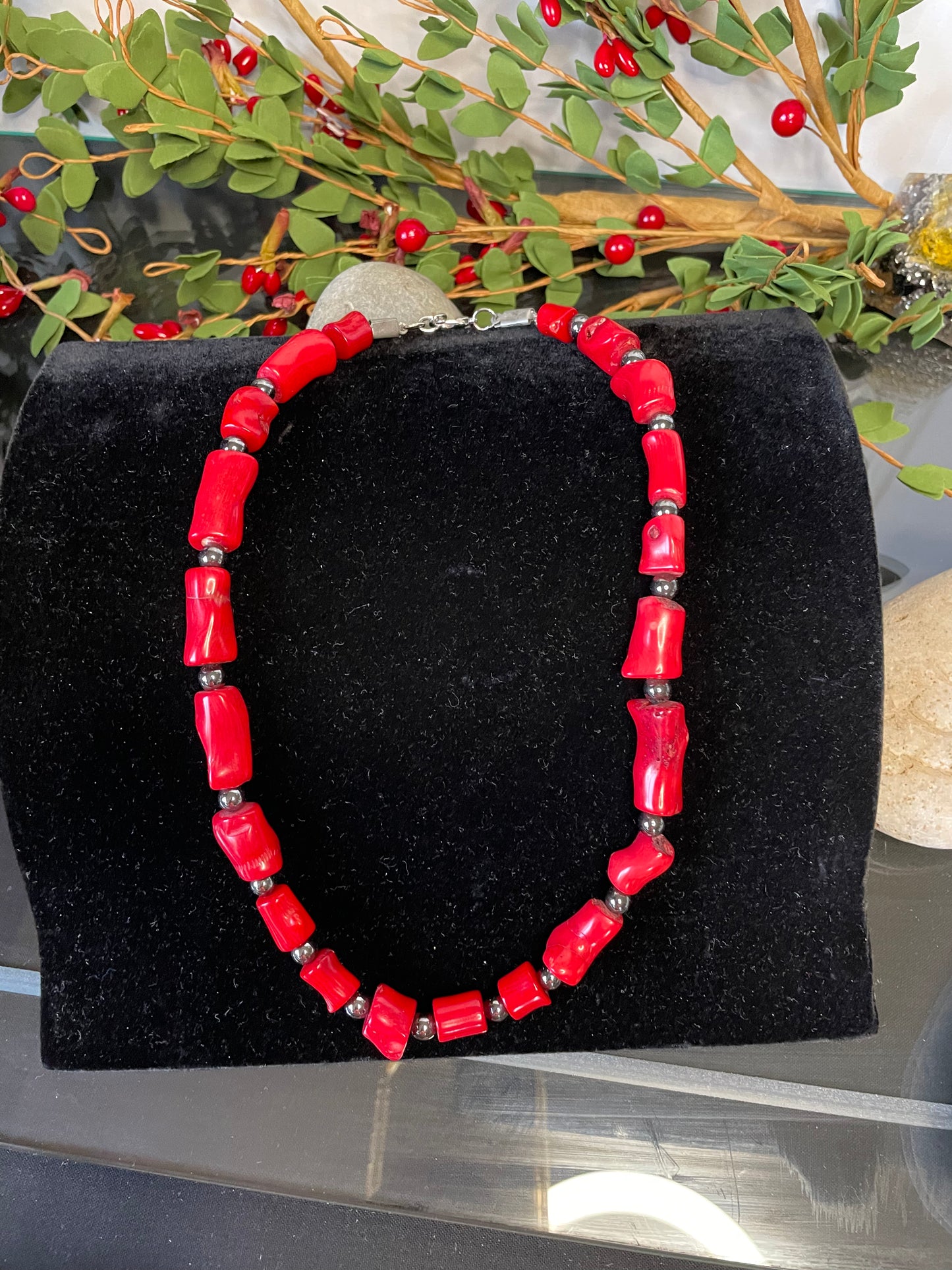 Red Bamboo Coral w/Hematite, Healing Necklace