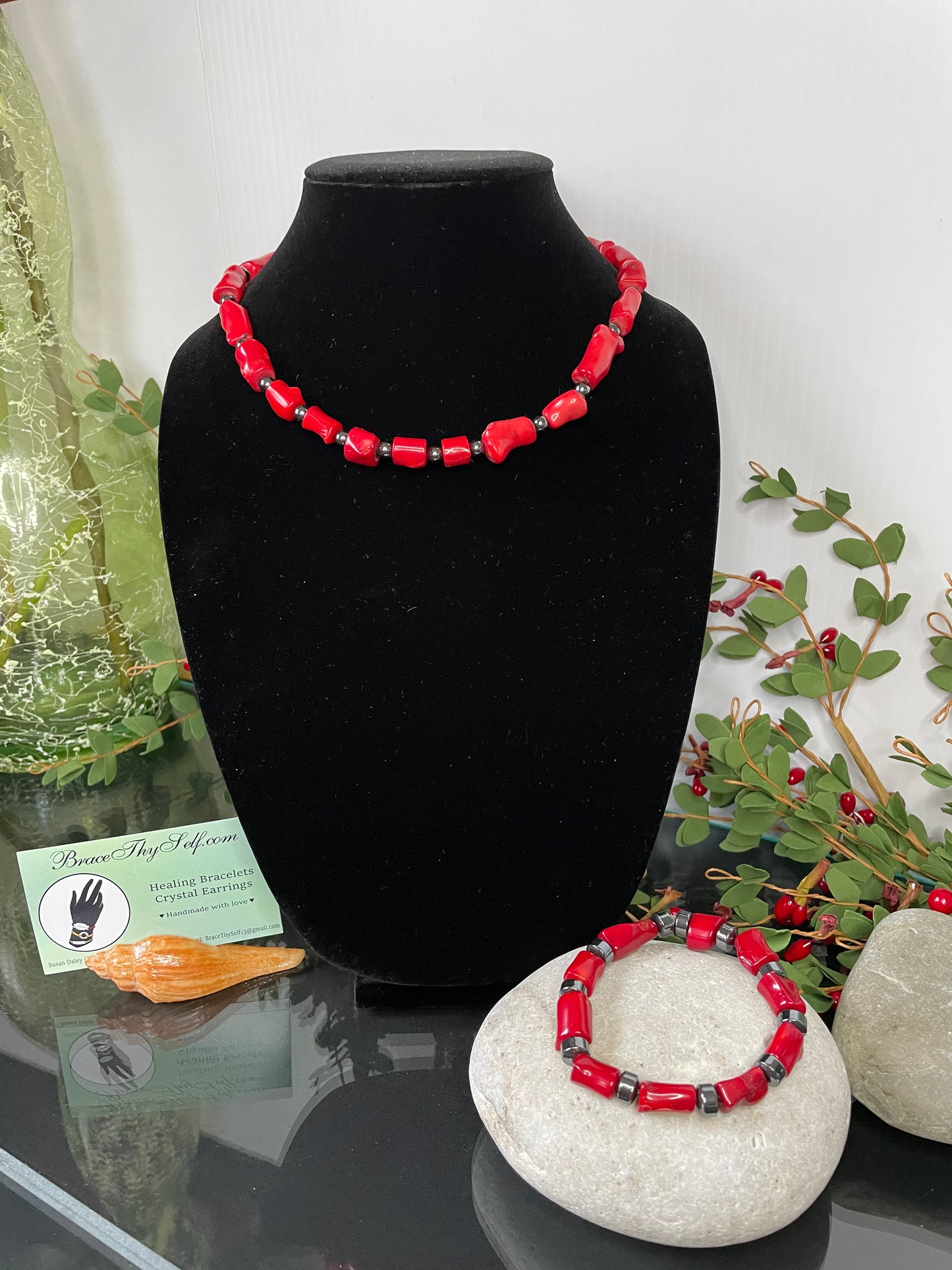 Red Bamboo Coral w/Hematite, Healing Necklace