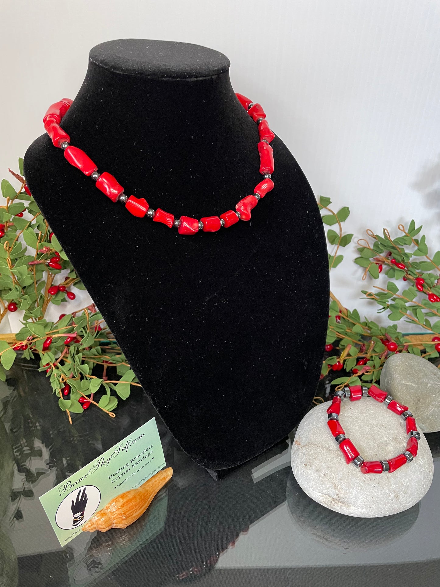 Red Bamboo Coral w/Hematite, Healing Necklace