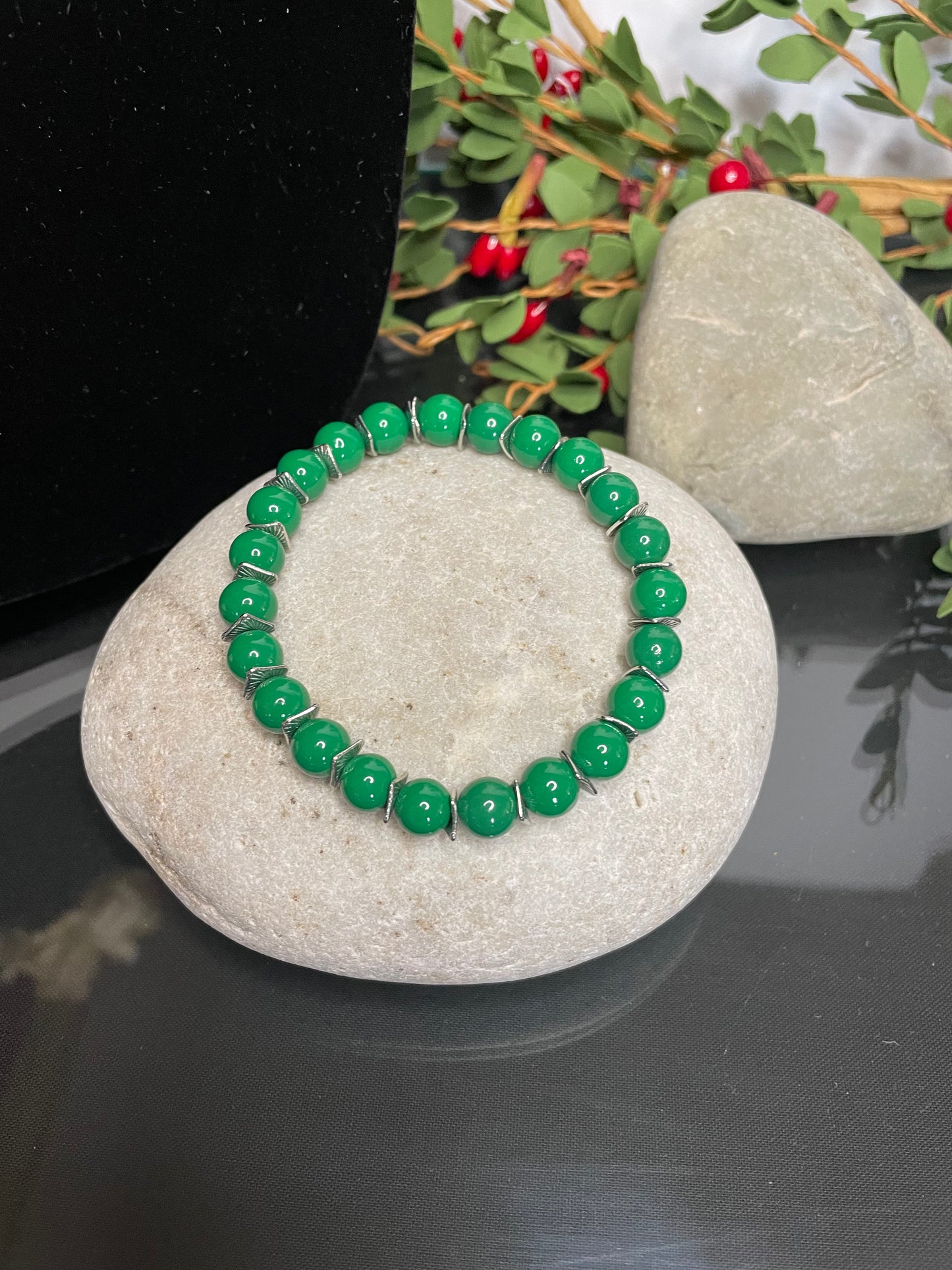 Green Malachite Stones w/Silver Spacers, Healing Bracelet.