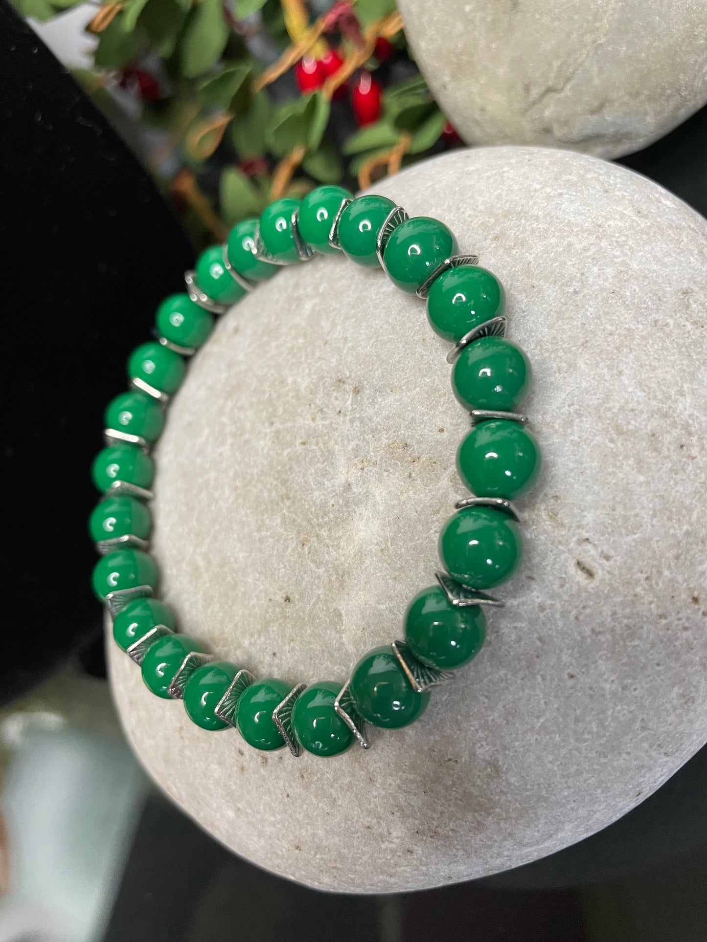 Green Malachite Stones w/Silver Spacers, Healing Bracelet.