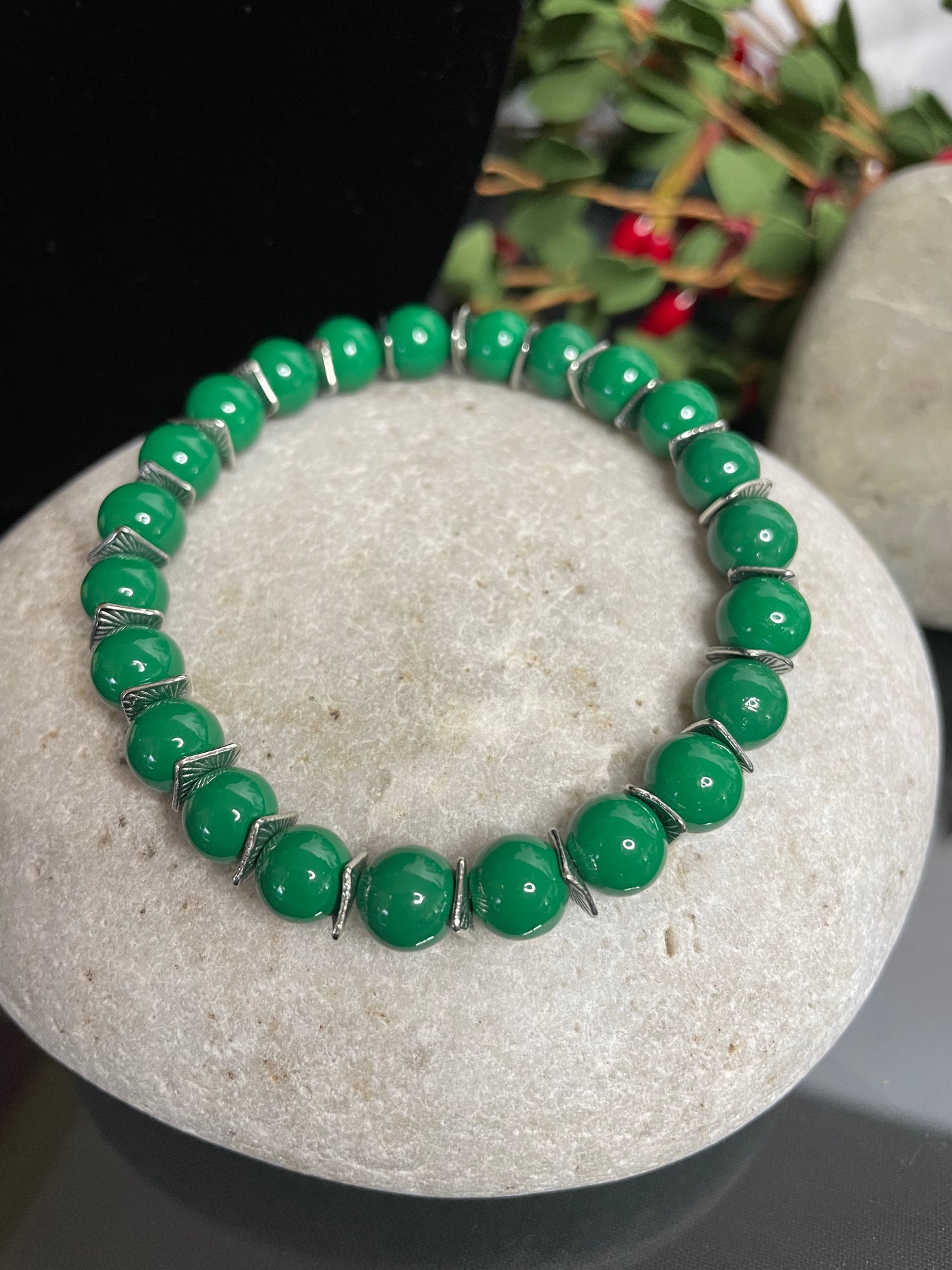 Green Malachite Stones w/Silver Spacers, Healing Bracelet.