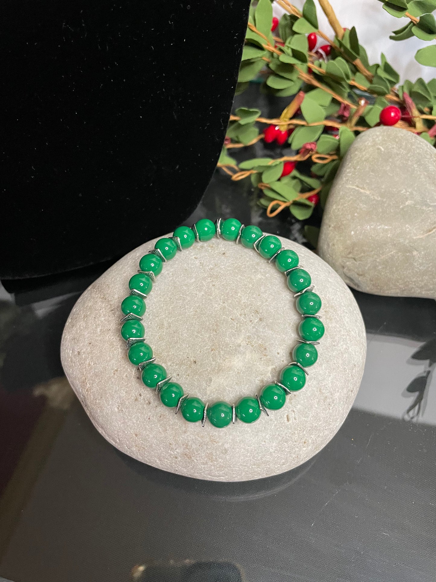 Green Malachite Stones w/Silver Spacers, Healing Bracelet.