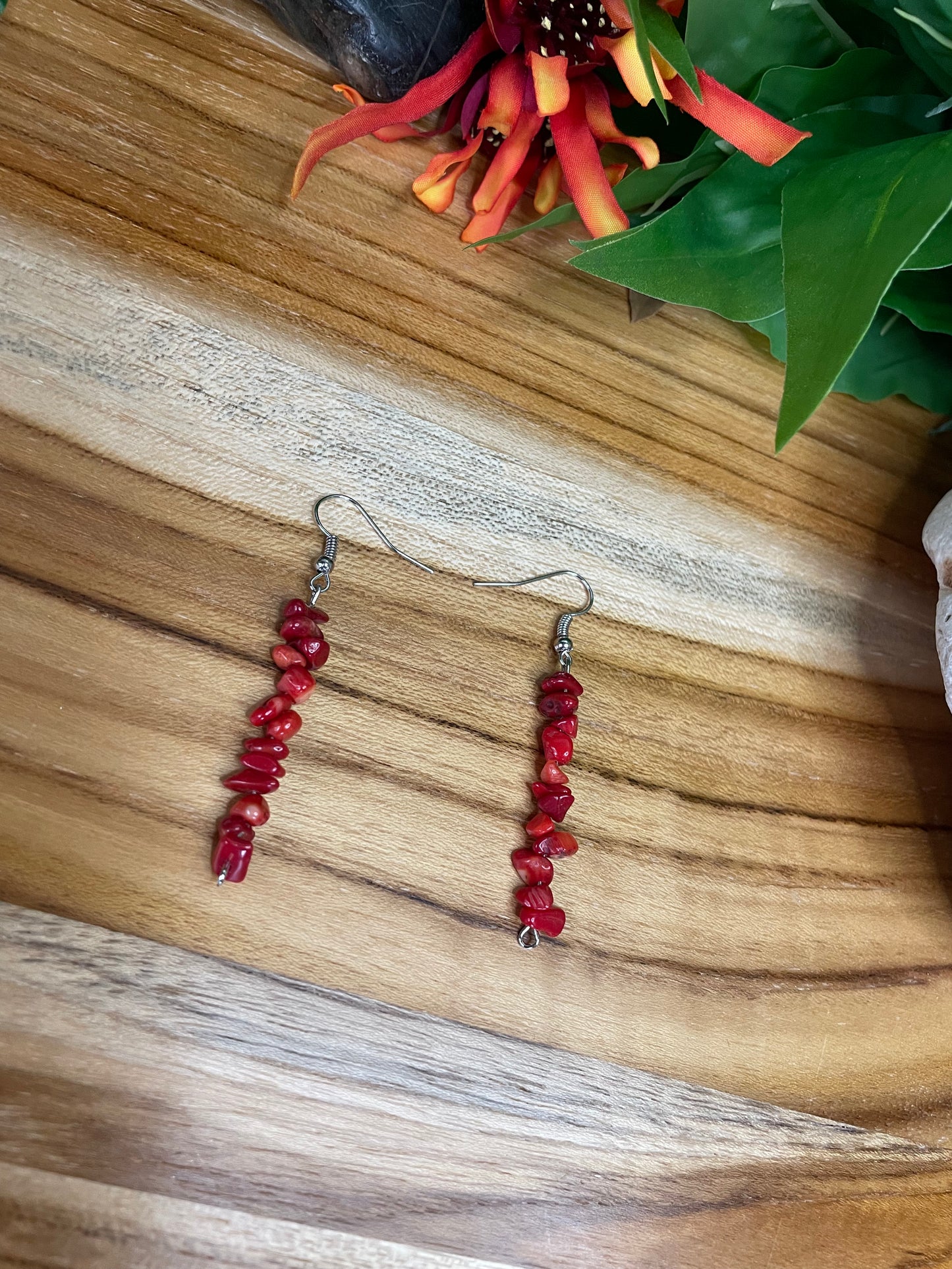 Red Bamboo Coral Chipped Earrings.