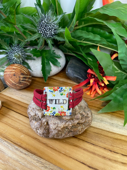 Wild, Red Suede Metal Quoted Bracelet.