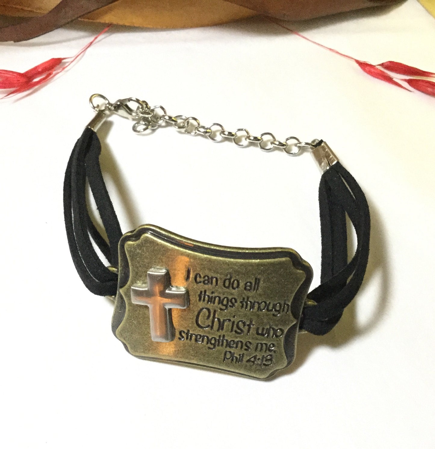 I Can Do All Things Through Christ Who Strengthens Me Black Suede Metal Bracelet.