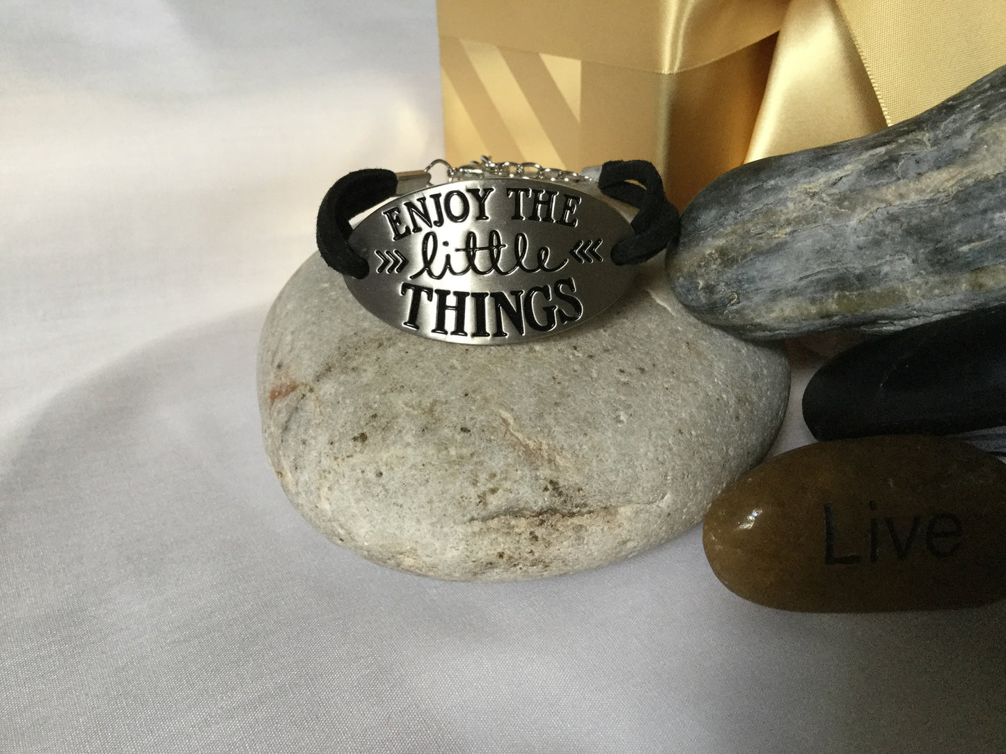 Enjoy The Little Things, Black Suede Metal Inspirational Bracelet.