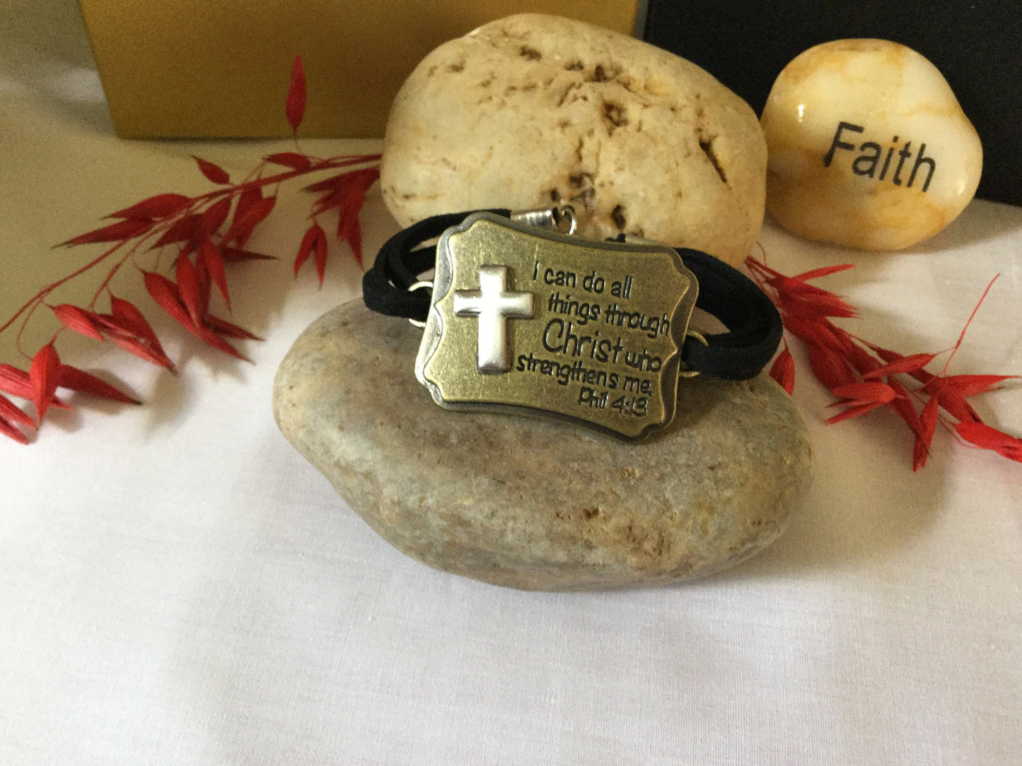 I Can Do All Things Through Christ Who Strengthens Me Black Suede Metal Bracelet.