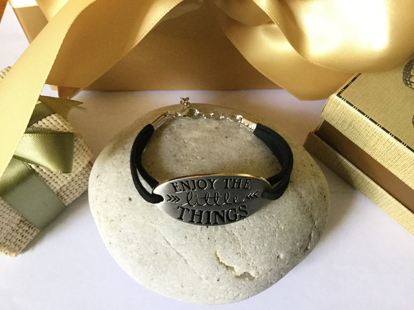 Enjoy The Little Things, Black Suede Metal Inspirational Bracelet.