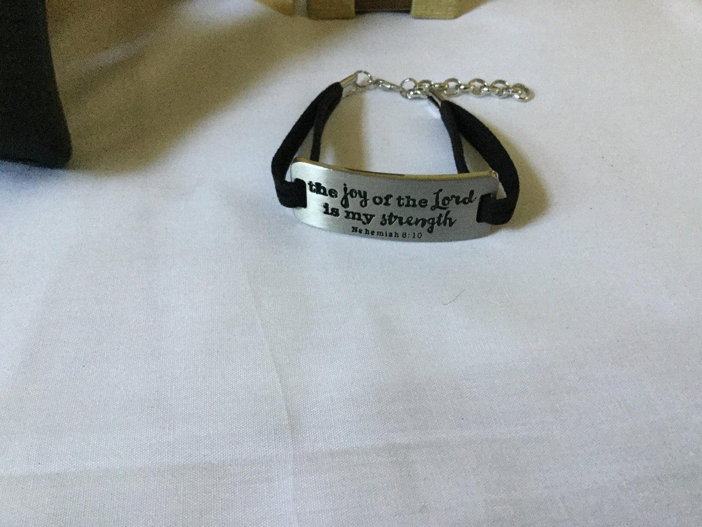 The Joy Of The Lord Is My Strength, Black Suede Metal Bracelet.