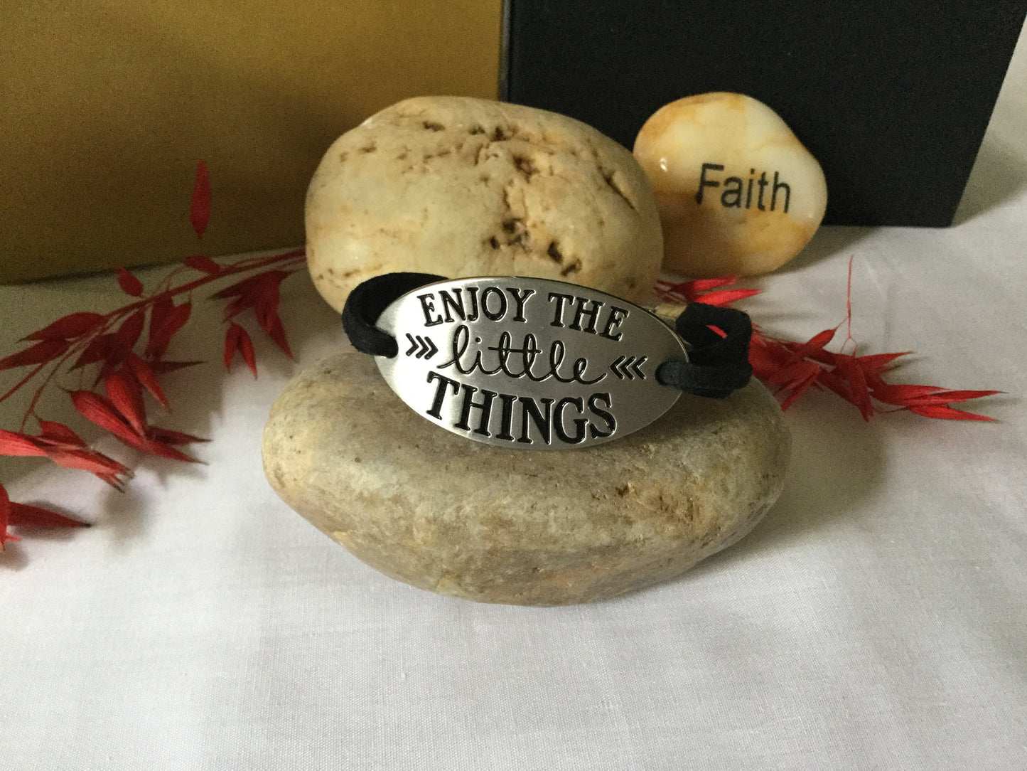 Enjoy The Little Things, Black Suede Metal Inspirational Bracelet.