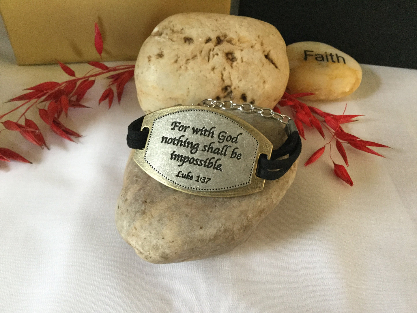 For With God Nothing Shall Be Impossible, Black Suede Metal Inspirational Bracelet.