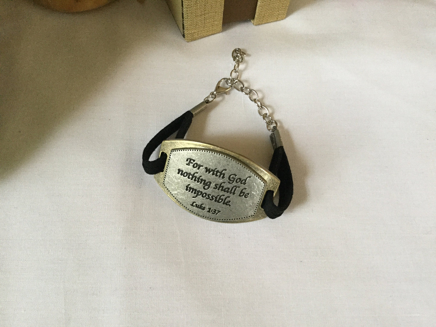 For With God Nothing Shall Be Impossible, Black Suede Metal Inspirational Bracelet.