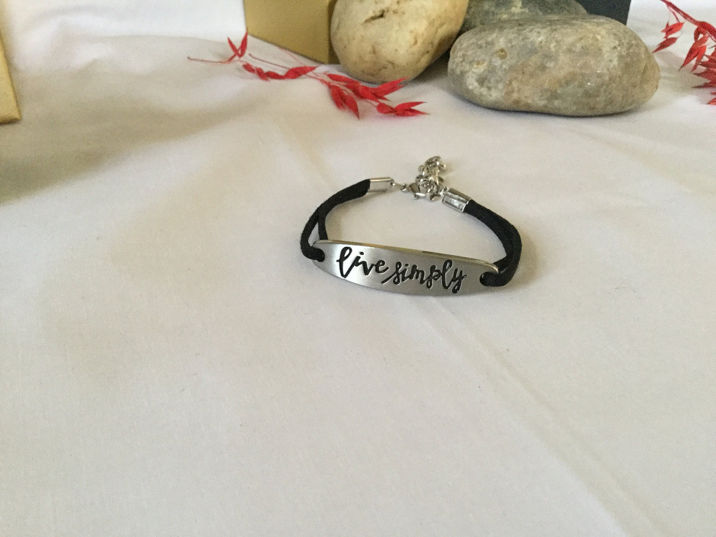 Live Simply, Black Suede Metal Inspirational Quote Bracelet.