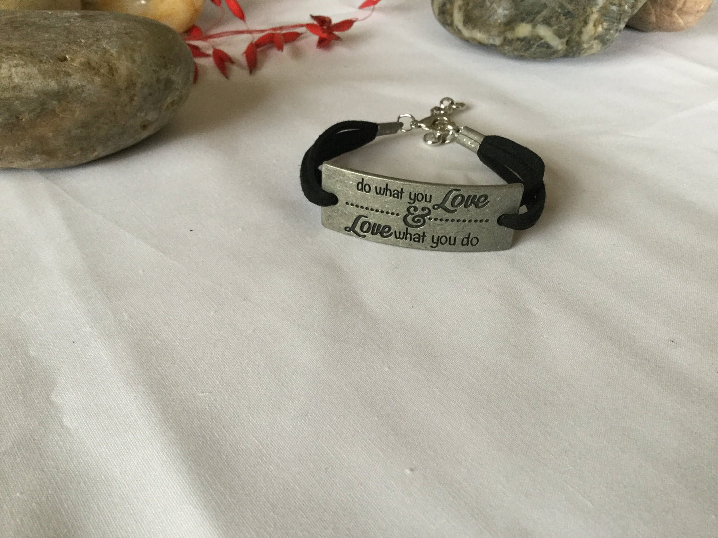 Do What a you Love & Love What You Do, Blk Suede Metal Inspirational Quoted Bracelet.