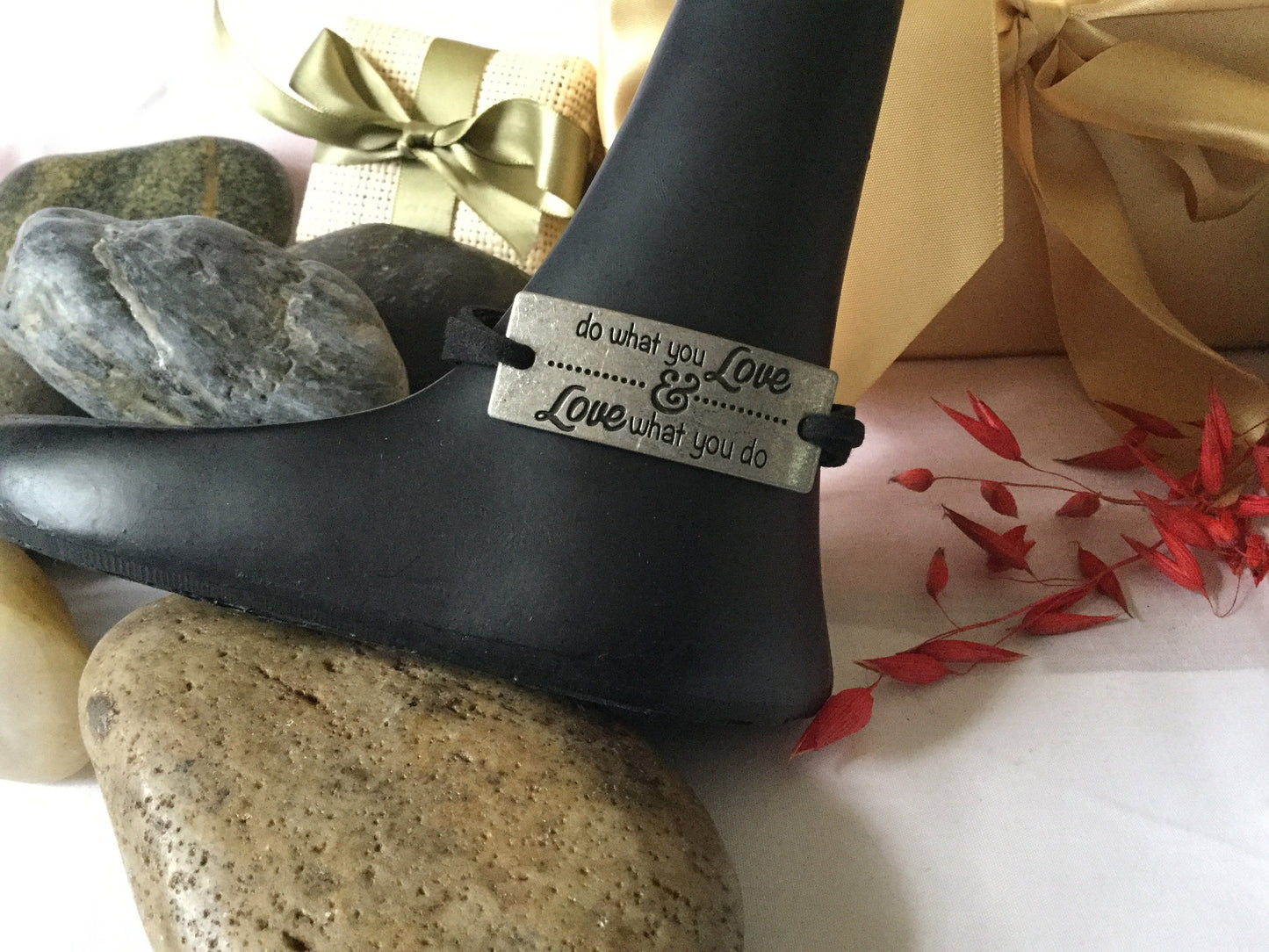 Do What a you Love & Love What You Do, Blk Suede Metal Inspirational Quoted Bracelet.