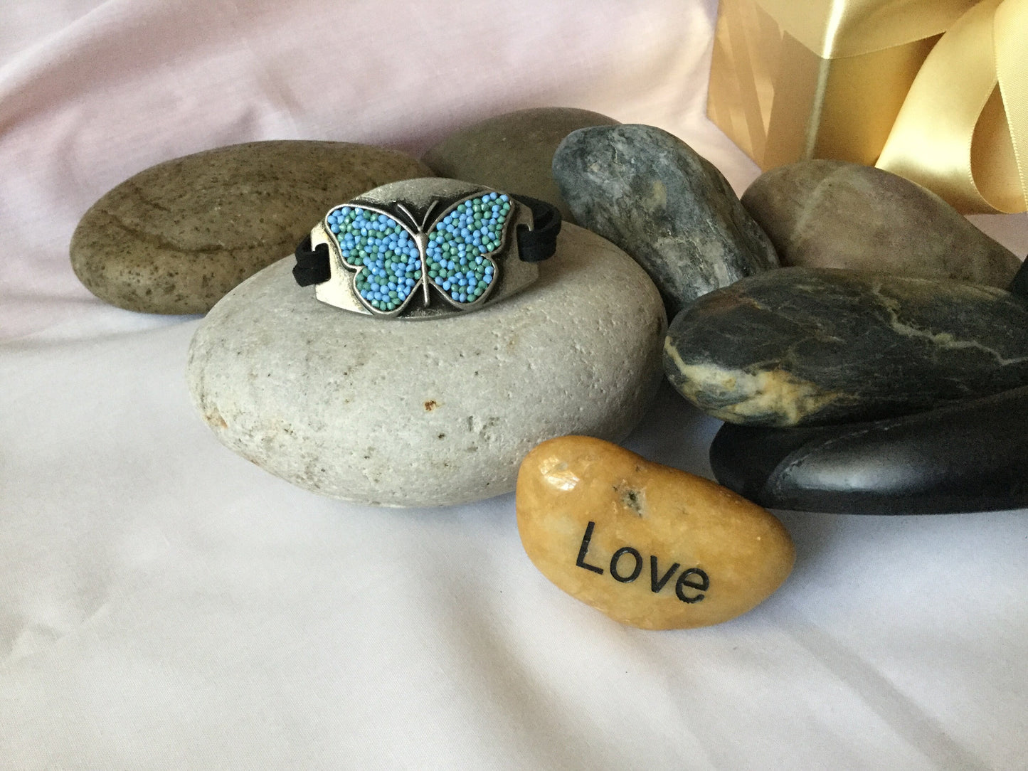 Butterfly , Black Suede Metal Inspirational Quoted Bracelet