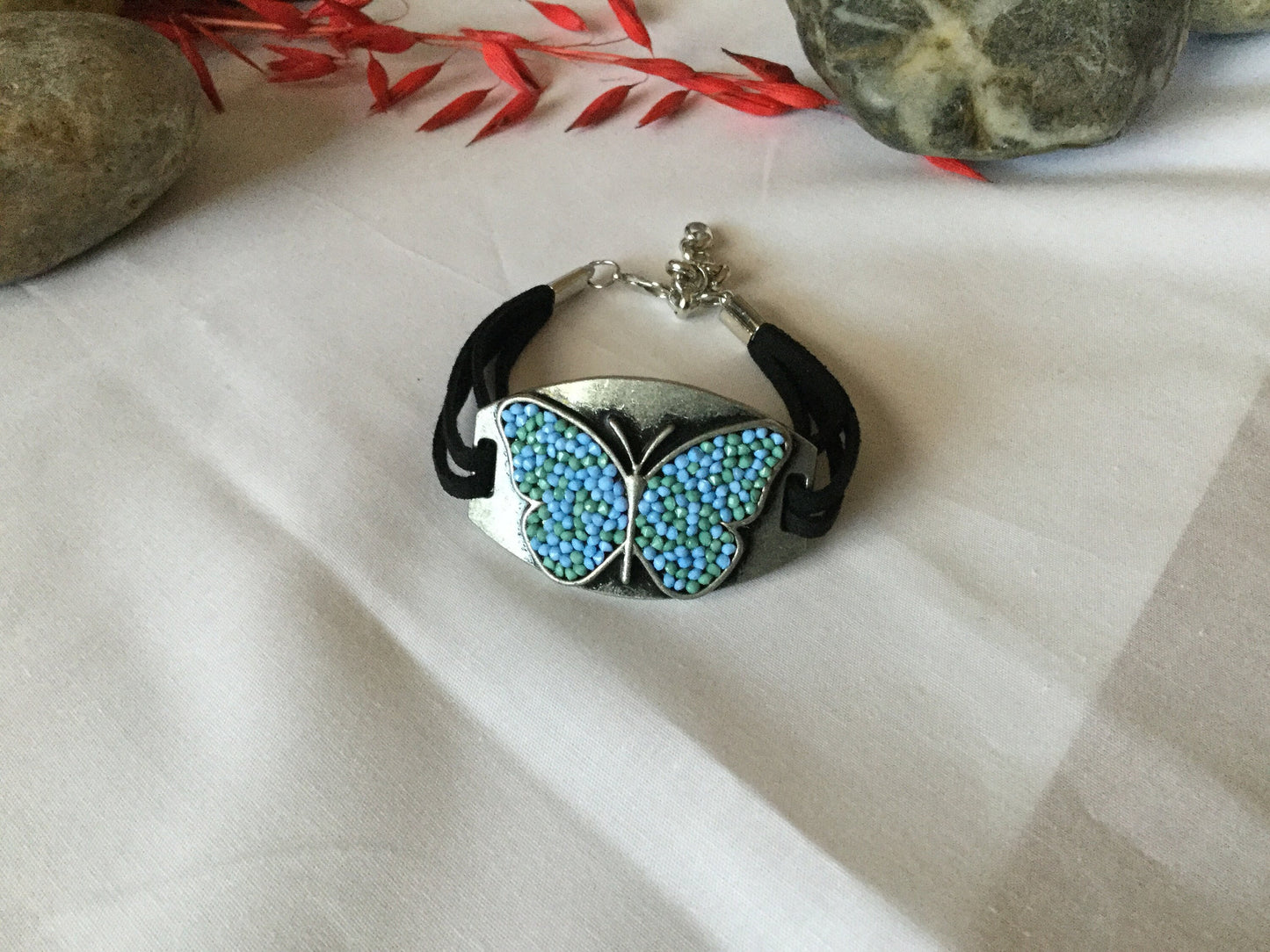 Butterfly , Black Suede Metal Inspirational Quoted Bracelet