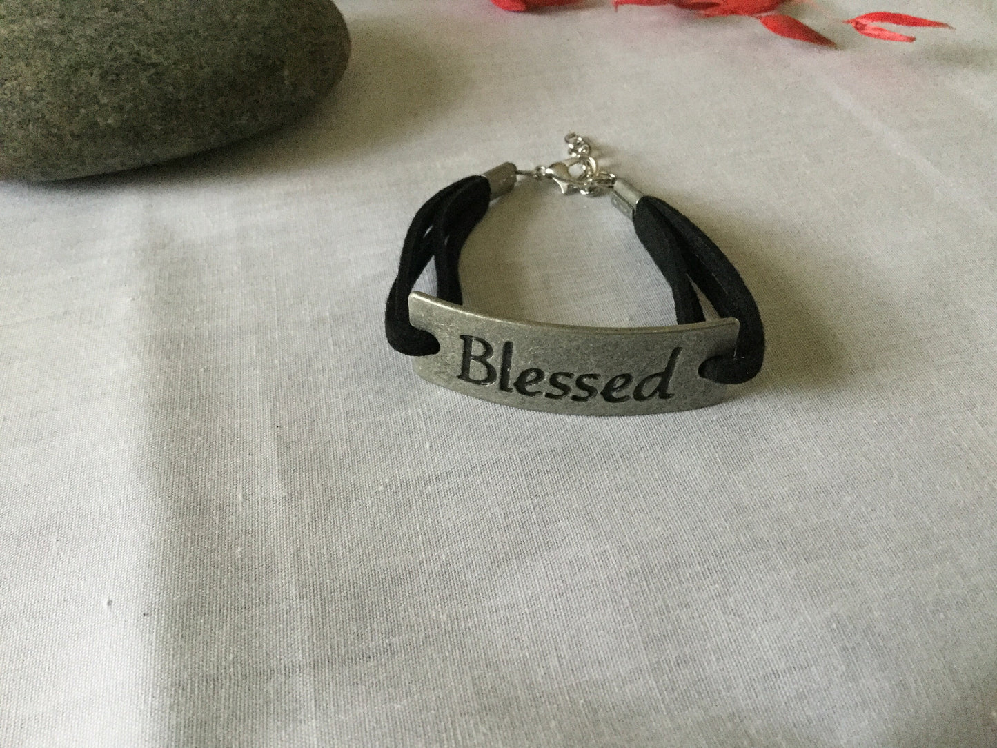 Blessed Bracelet, Black Suede Metal Inspirational Bracelet.