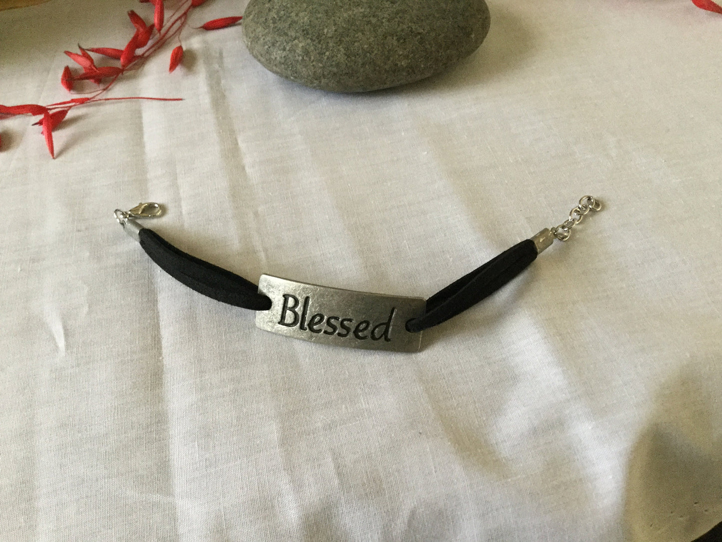 Blessed Bracelet, Black Suede Metal Inspirational Bracelet.