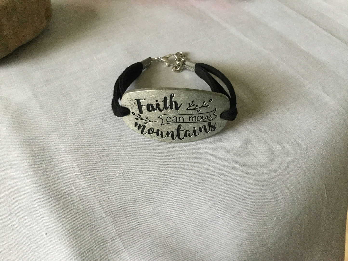 Faith Can Move Mountains, Black Suede Metal Inspirational Bracelet.