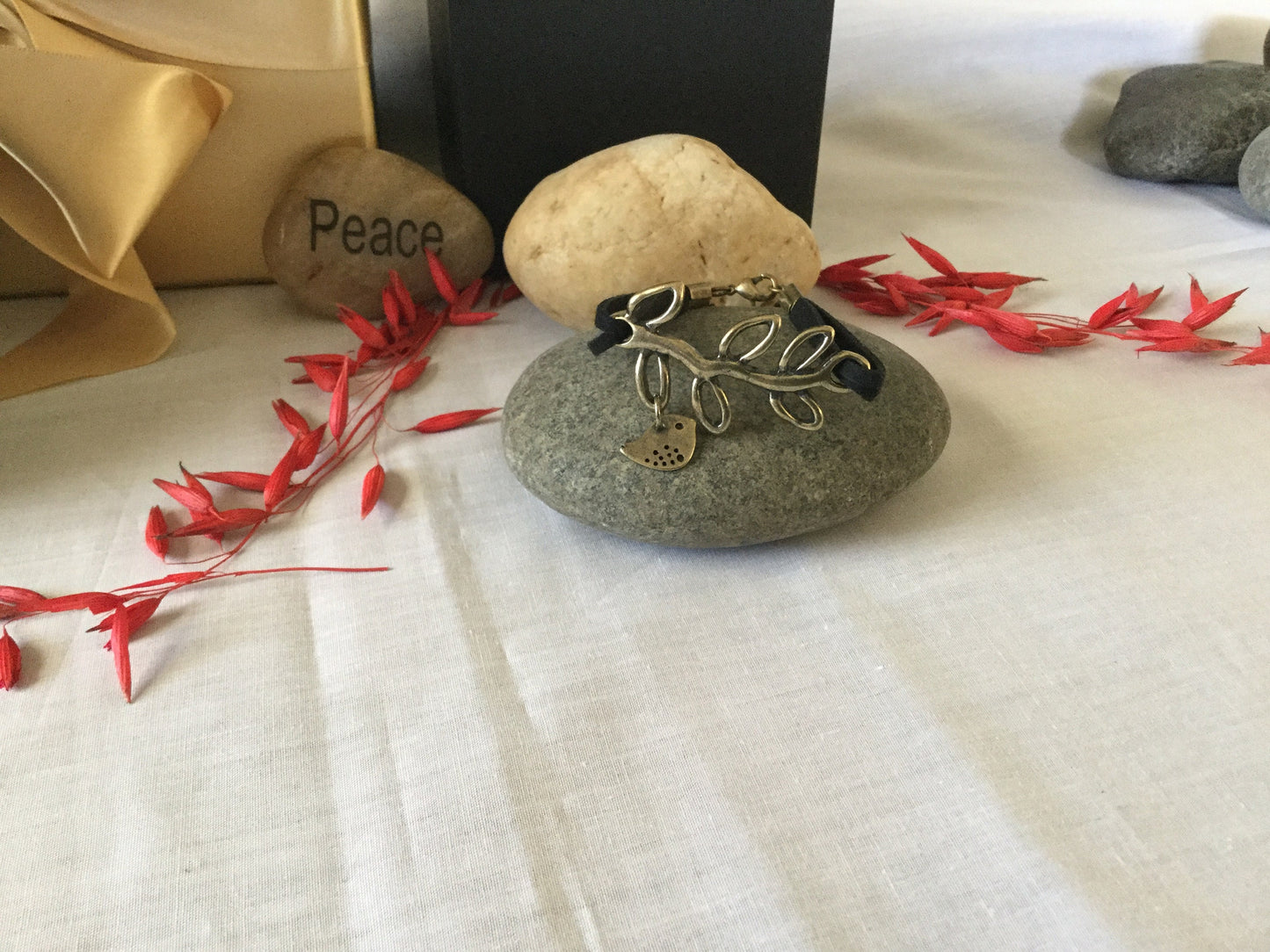 Branch w/ Singing Bird, Black Suede Metal Inspirational  Bracelet.