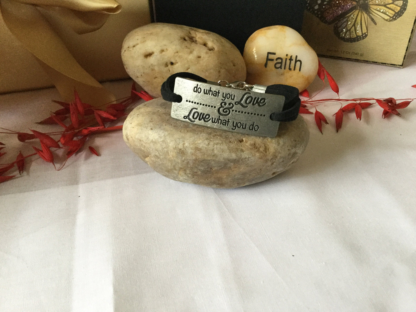 Do What a you Love & Love What You Do, Blk Suede Metal Inspirational Quoted Bracelet.