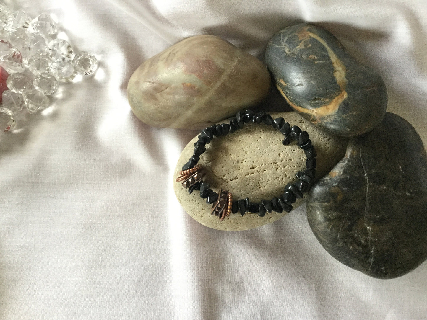 Black Obsidian Chip Stones w/Plated Copper Rings, Healing Bracelet.