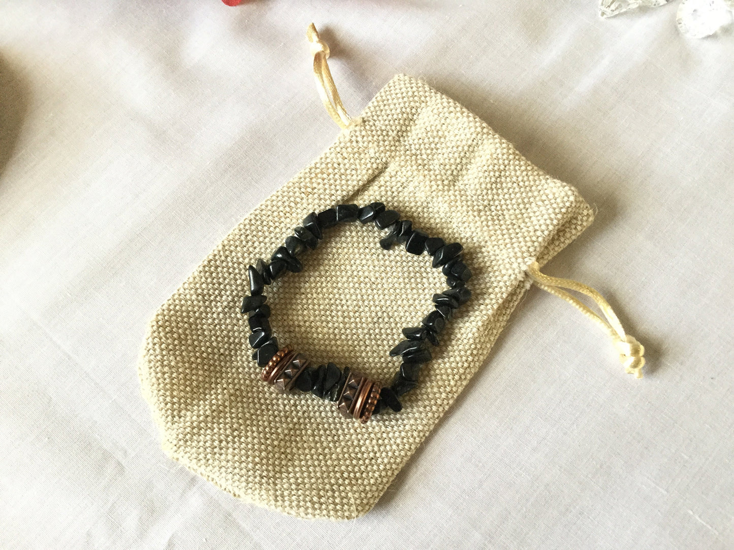 Black Obsidian Chip Stones w/Plated Copper Rings, Healing Bracelet.