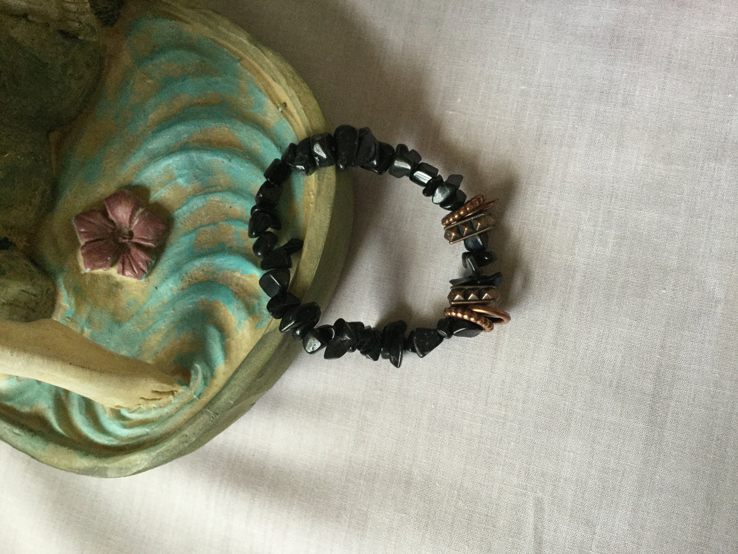 Black Obsidian Chip Stones w/Plated Copper Rings, Healing Bracelet.