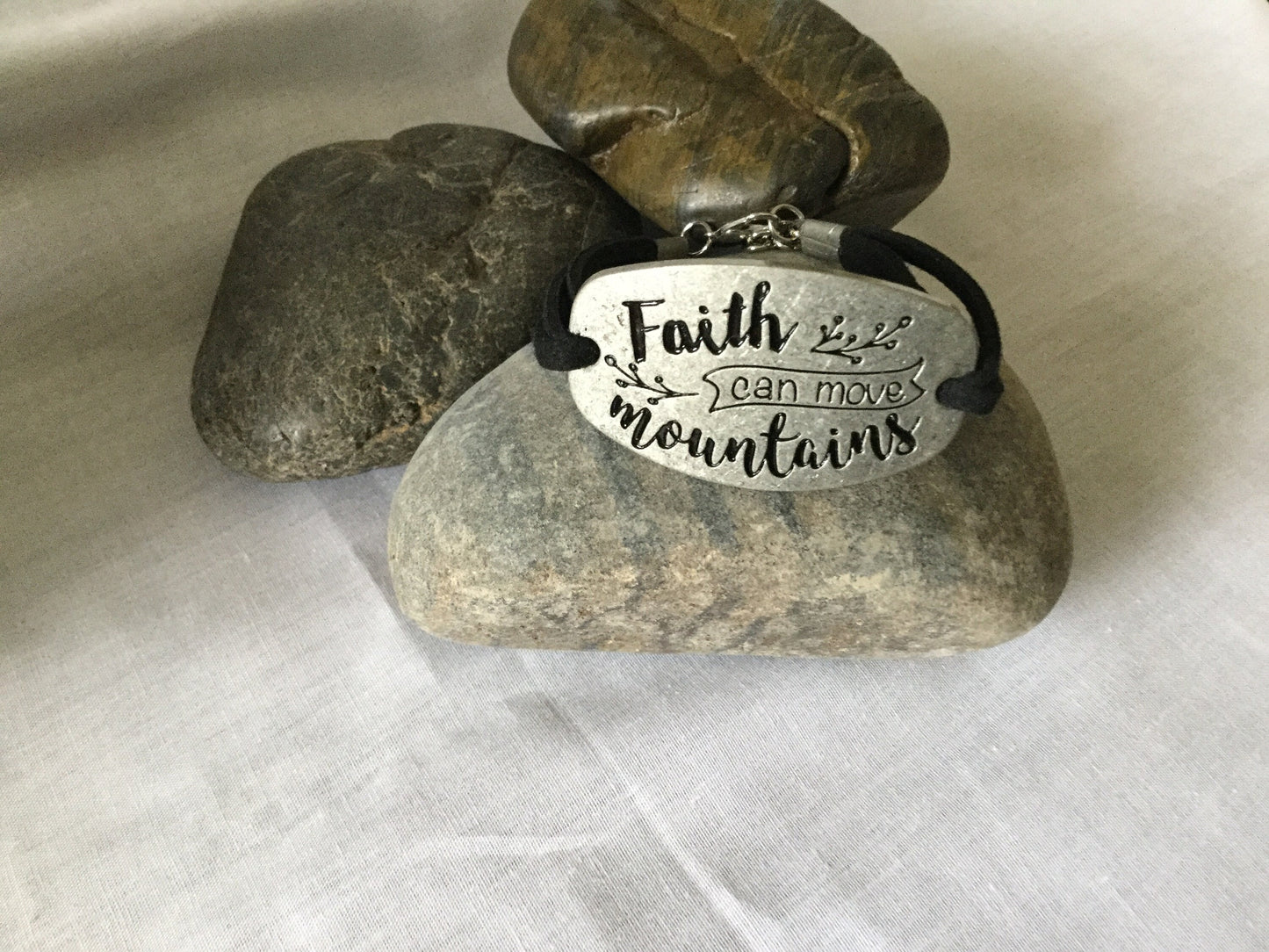 Faith Can Move Mountains, Black Suede Metal Inspirational Bracelet.