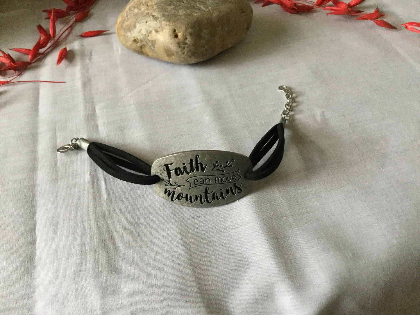 Faith Can Move Mountains, Black Suede Metal Inspirational Bracelet.