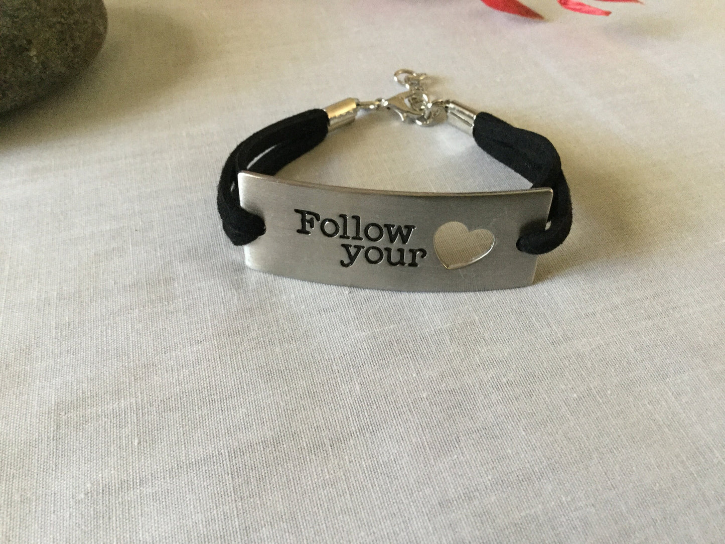 Follow Your Heart, Blk Suede Metal Inspirational Quoted Bracelet.