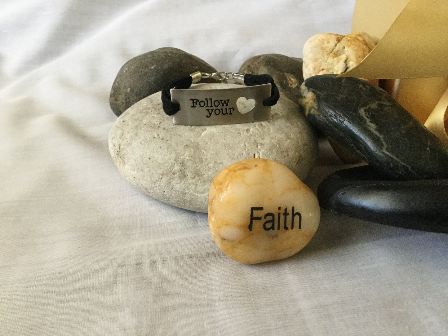 Follow Your Heart, Blk Suede Metal Inspirational Quoted Bracelet.