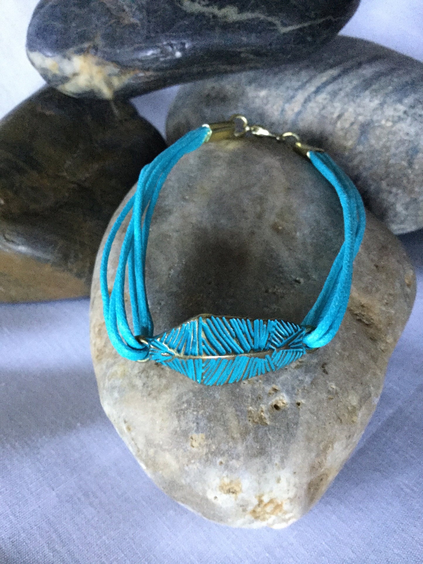 Leaf Turquoise, Turquoise Hemp Metal Inspirational Bracelet.