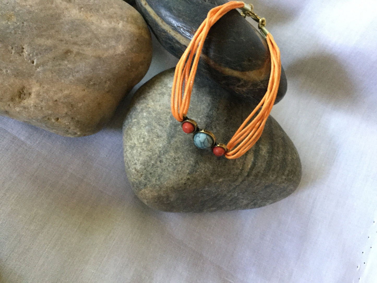 Triple Cabochon, Orange Hemp, Metal Inspirational Quoted Bracelet.